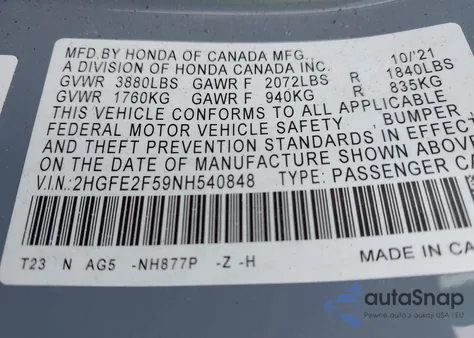 2022 Honda Civic Sport z USA, uszkodzony, nr VIN 2HGFE2F59NH540848